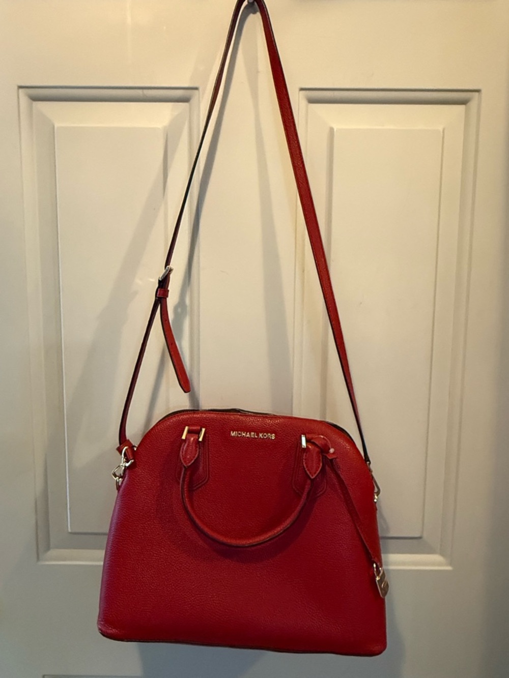 Michael Kors Red Pebbled Leather Dome Satchel with Adjustable Crossbody Strap